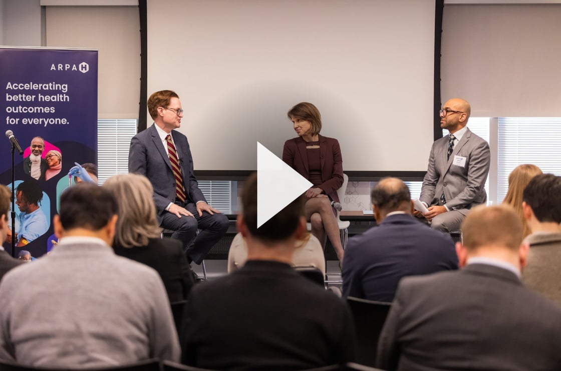 Graphic Link to ADVOCATE Proposers' Day highlights video featuring, from left; HHS Deputy Secretary Jim O'Neill, who joined ARPA-H Director Alicia Jackson, Ph.D., and Program Manager Haider Warraich, M. D.